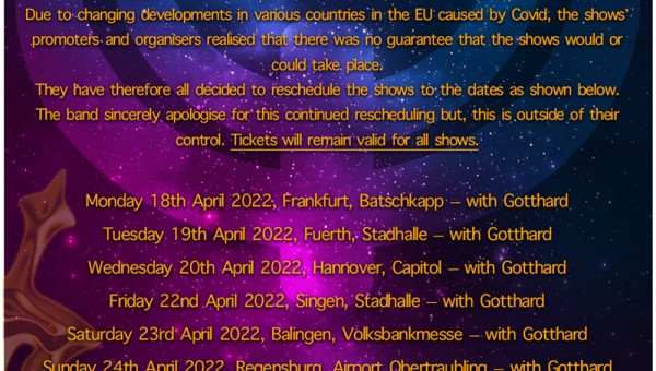 European shows in October & November postponed.